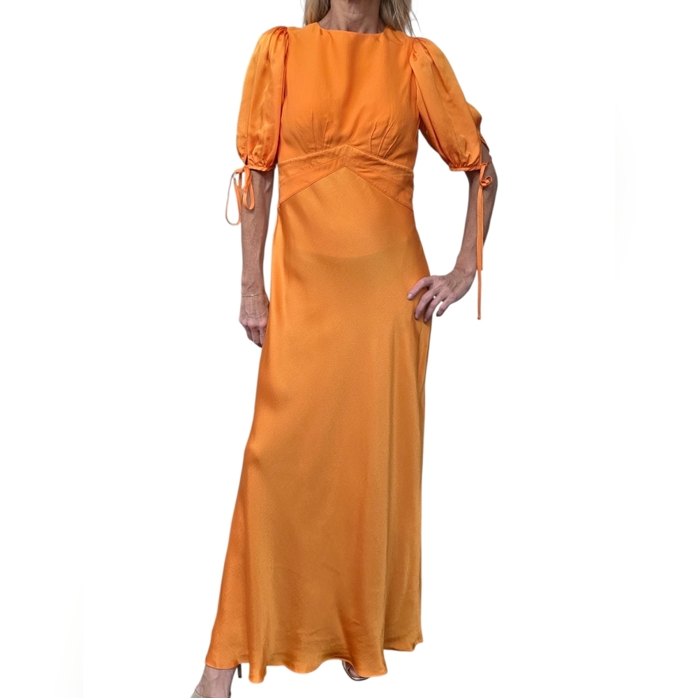 Ted Baker Lysette Orange Satin Maxi Dress 2 Puff Sleeve Open Back